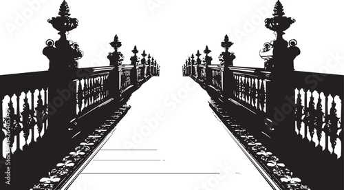 Black and white silhouette of an ornate iron bridge railing with symmetrical perspective and decorative details
