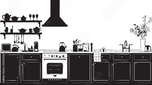 Black and white silhouette of a modern kitchen setup with cabinets, oven, shelves with kitchenware, sink, and decorative plant vase