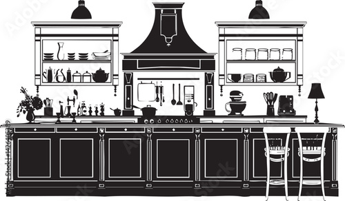 Black and white silhouette of a traditional kitchen interior with stove, cabinets, shelves, and bar stools