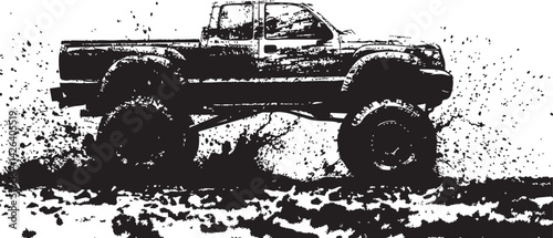 Silhouette of a pickup truck driving offroad through mud splashes, showcasing rugged outdoor adventure.