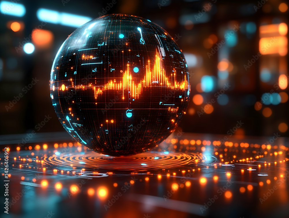 Glowing sphere with intricate circuit details emitting a vibrant orange heartbeat pattern and cool blue accents Glowing sphere with intricate circuit details emitting a vibrant orange heartbeat pattern and cool blue accents