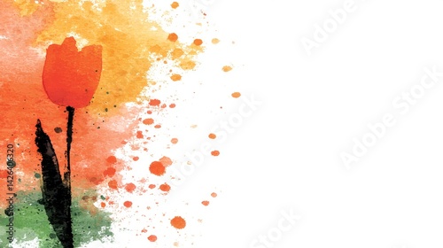 Orange tulip watercolor painting with splashes of color on white background