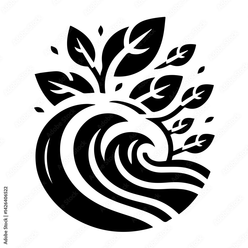 Fototapeta premium Wave and Leaves in Minimalist Black and White Style with Copy Space