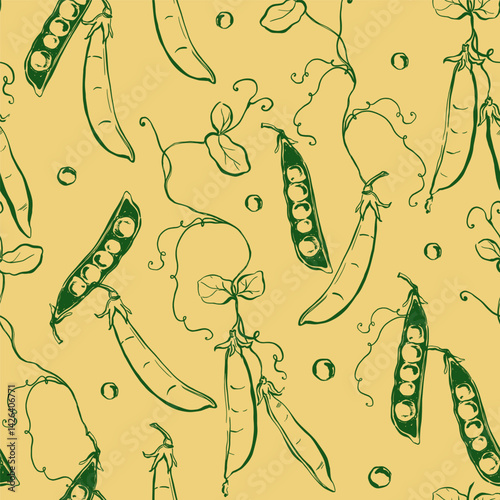Vector vegetable seamless pattern of peas. Hand-drawn garden harvest. Tasty food illustration for restaurant and cafe interior, veggie market drawing print, fabric, background.