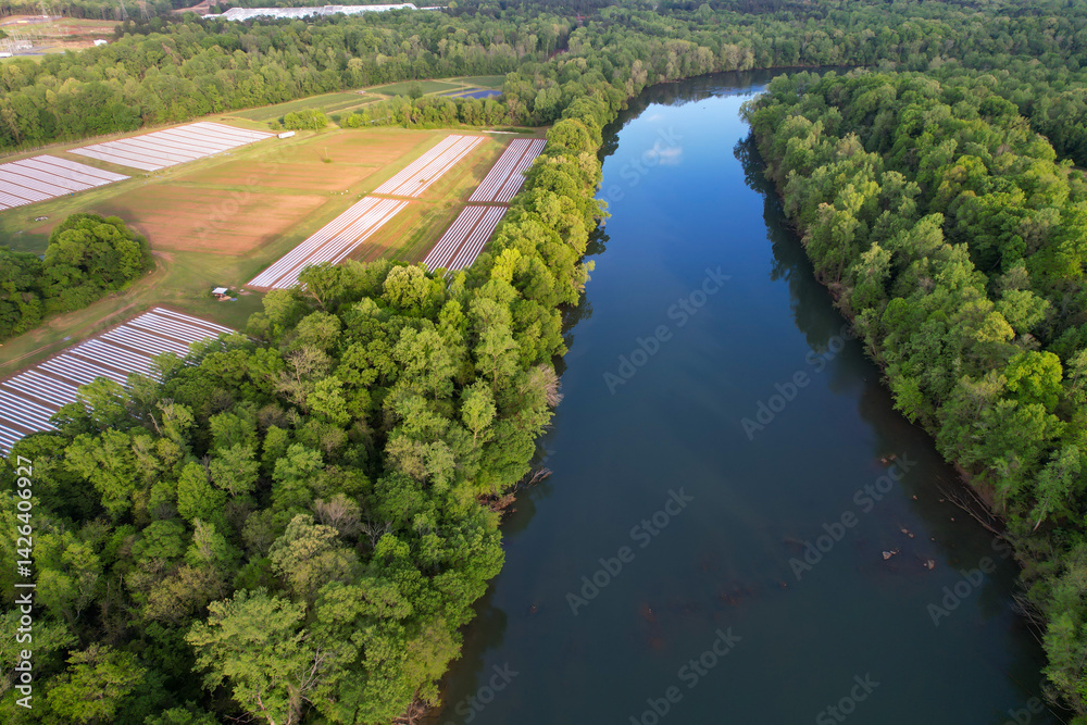Overhead view of seeded fields protected by plastic along the Catawba River in Sotuh Carolina Overhead view of seeded fields protected by plastic along the Catawba River in Sotuh Carolina