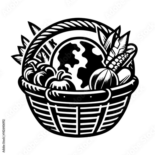 Earth-Shaped Basket Overflowing with Diverse Harvest Produce