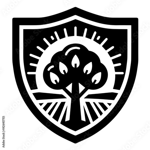Minimalist Tree Shield Design in Black and White with Symbolic Protection