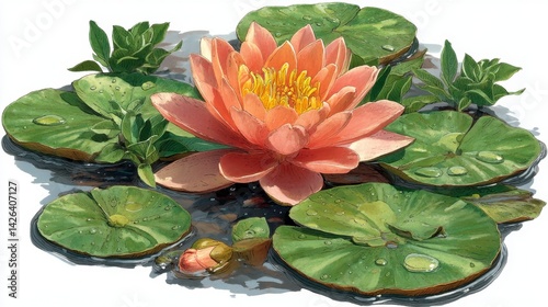 Peach water lily blossom surrounded by lush green lily pads on a calm water surface.
