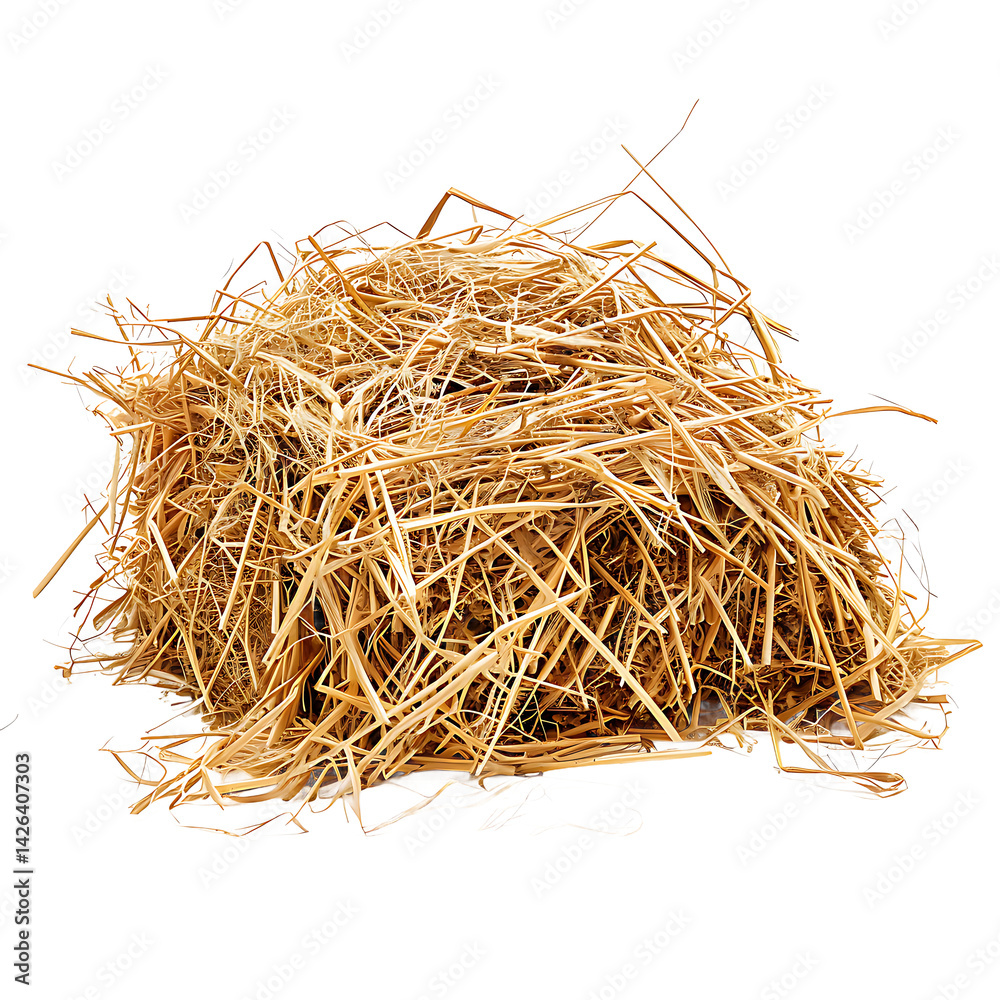 Obraz premium Detailed Pile of Golden Hay Strands on White, Agriculture, Farm Harvest Still Life