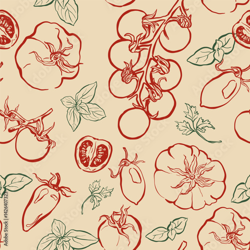 Vector vegetable seamless pattern of cherry and tomatoes. Hand-drawn garden harvest. Tasty food illustration for restaurant and cafe interior, veggie market drawing print, fabric, background.