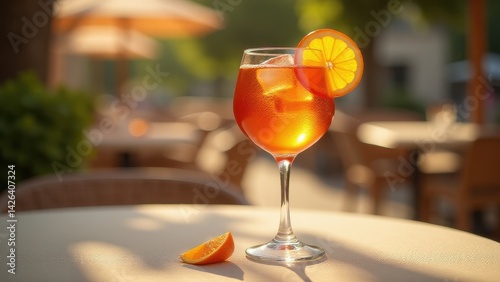 Chilled orange cocktail with ice cubes and citrus slice served in a wine glass on an outdoor café table, bathed in warm sunlight on a summer afternoon.
