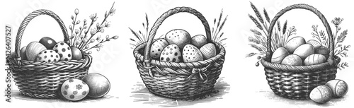 Whimsical Lines: A Basket of Easter Delights Easter Eggs in basket ink style linework drawing pen sketch hand drawn vector illustration background