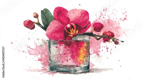 Pink orchid in a glass, watercolor style, with pink and white splatters on white background