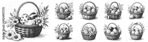 Easter Elegance: Fine Line Art of Festive Eggs Easter Eggs in basket ink style linework drawing pen sketch hand drawn vector illustration background
