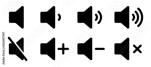Set of audio icon variations: volume, mute, adjustments, and speaker symbols