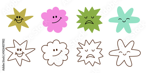 Colorful and monochrome cartoon faces expressing various emotions