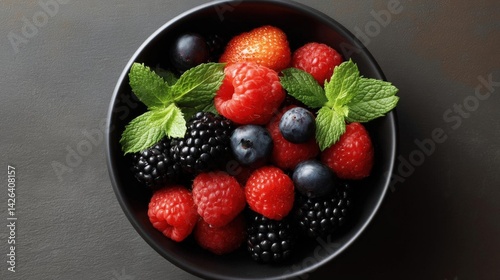 Close-up of a black bowl filled with fresh berries. the berries include raspberries, strawberries, blueberries, blackberries, and blackberries.