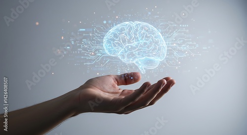 Artificial Intelligence Conceptualization: Digital Brain Held in the Palm of a Hand