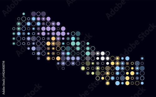 Nepal, shape of the country build of colored cells. Digital style map of the Nepal on dark background. Large size circle blocks. Amazing vector illustration.