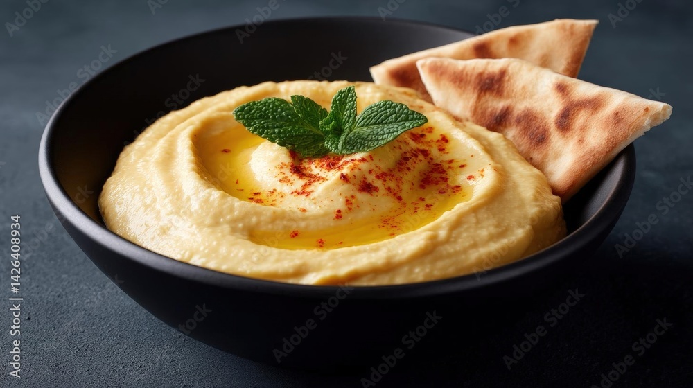 Close-up of a bowl of hummus. the bowl is black and is placed on a dark grey textured surface. the hummus is creamy and has a smooth texture. Close-up of a bowl of hummus. the bowl is black and is placed on a dark grey textured surface. the hummus is creamy and has a smooth texture.