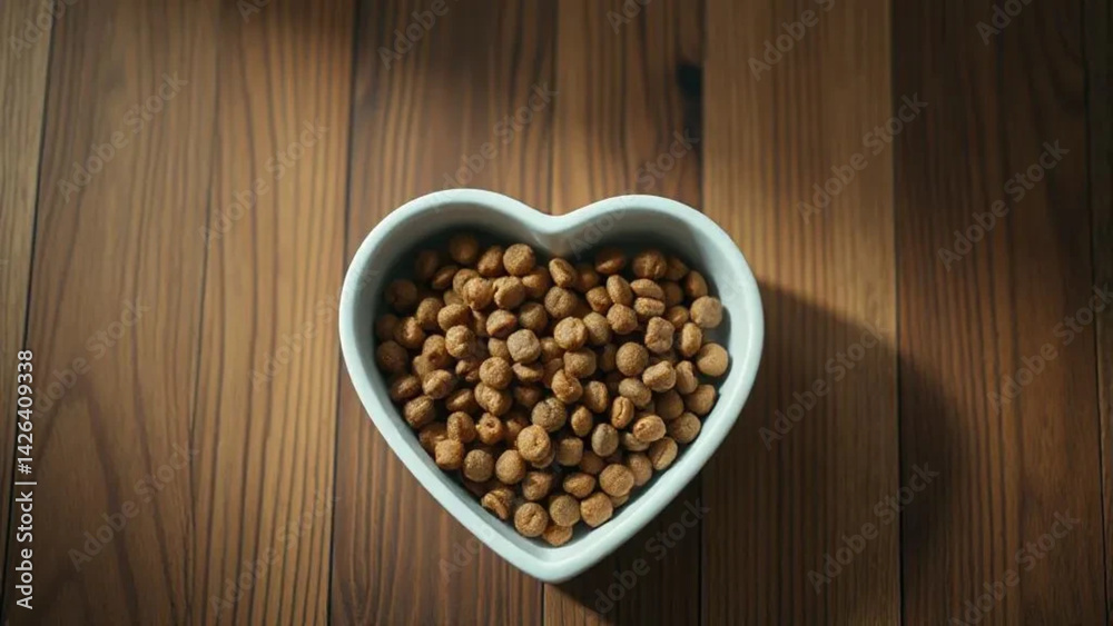 Heart shaped bowl with cat food. Close up.