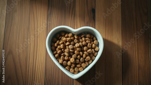 Heart shaped bowl with cat food. Close up. 
