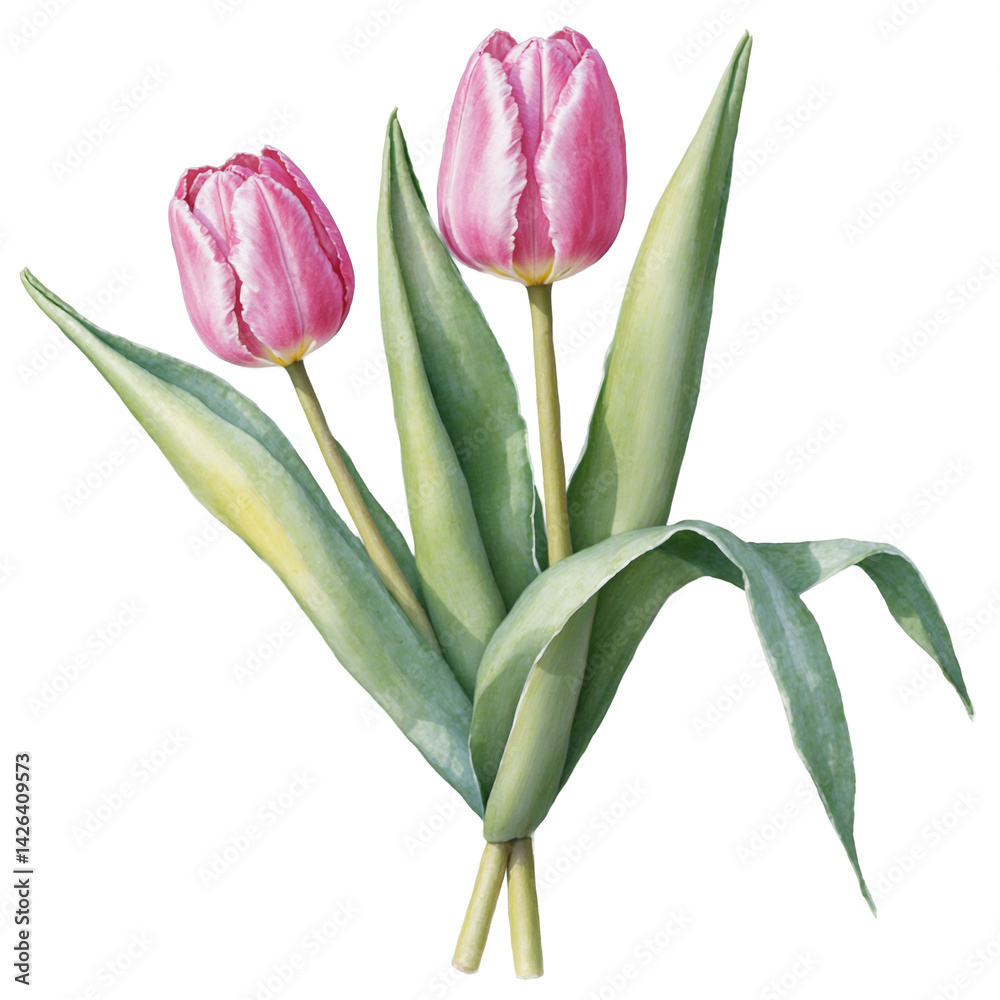 Obraz premium Pink tulip on bouquet watercolor art illustration transparent background isolated png stock