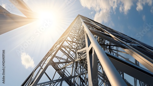 A tall observation tower with a complex lattice steel framework, its geometric patterns creating a striking visual effect as sunlight passes through – industrial aesthetic, high detail