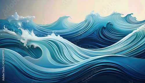 Obraz na płótnie UltraRealistic Minimalistic Waves A Stunning Abstract Blue Seascape, Evoking Serenity and Tranquility, Perfect for Digital Art, Home Decor, or Design Inspiration. w salonie