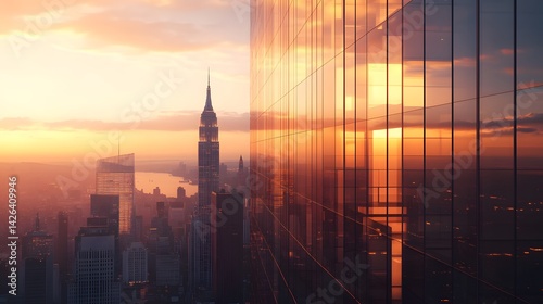 A sleek, modern observation tower with clean lines and sharp angles, made entirely of glass and steel, reflecting the surrounding urban skyline, glowing softly under a golden sunset – ultra-realistic,