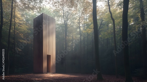 A minimalist wooden observation tower in the middle of a serene forest clearing, with soft morning light filtering through the trees, blending harmoniously with nature – Scandinavian design, peaceful 