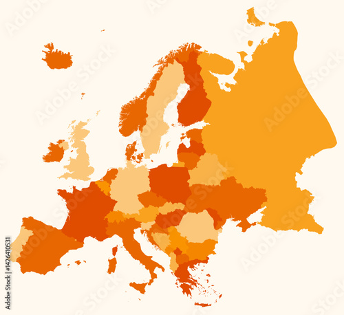 Map of Europe with countries. Just a simple continent border map with country division. Orange color palette. Plain Europe shape with administrative division. Vector illustration.