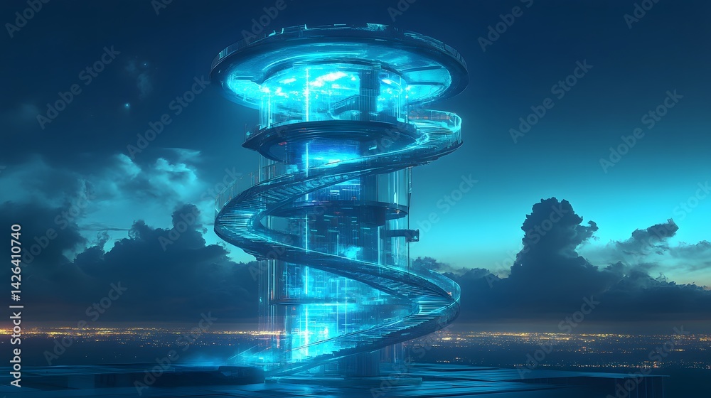 Obraz premium A futuristic observation tower with a spiral staircase wrapping around a transparent glass core, incorporating advanced composite materials, glowing with neon blue lights at night – cyberpunk vibe, in