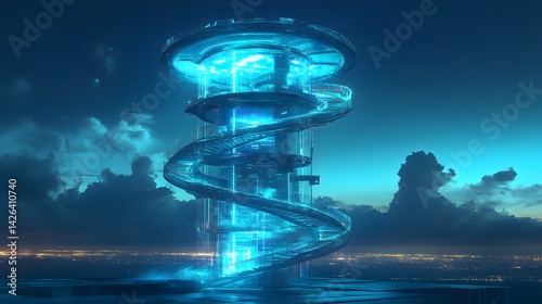 A futuristic observation tower with a spiral staircase wrapping around a transparent glass core, incorporating advanced composite materials, glowing with neon blue lights at night – cyberpunk vibe, in