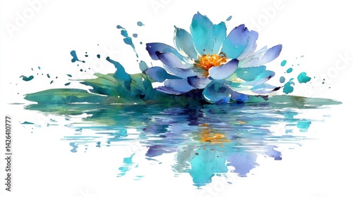 Watercolor painting of a blue water lily floating on calm water, reflected, with water splatter.