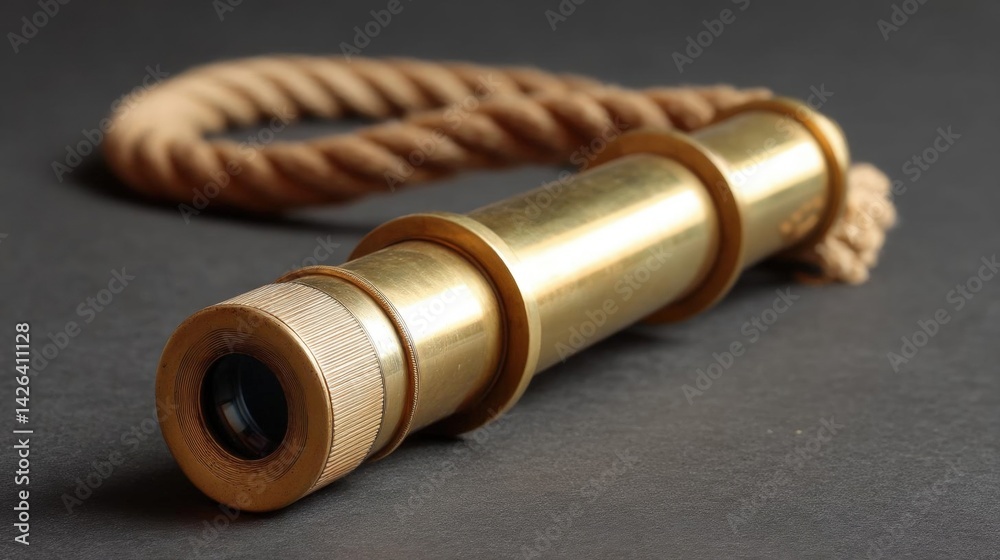 Close-up of a brass telescope with a rope attached to it. the telescope has a cylindrical body with a pointed end and a small lens at the bottom. Close-up of a brass telescope with a rope attached to it. the telescope has a cylindrical body with a pointed end and a small lens at the bottom.