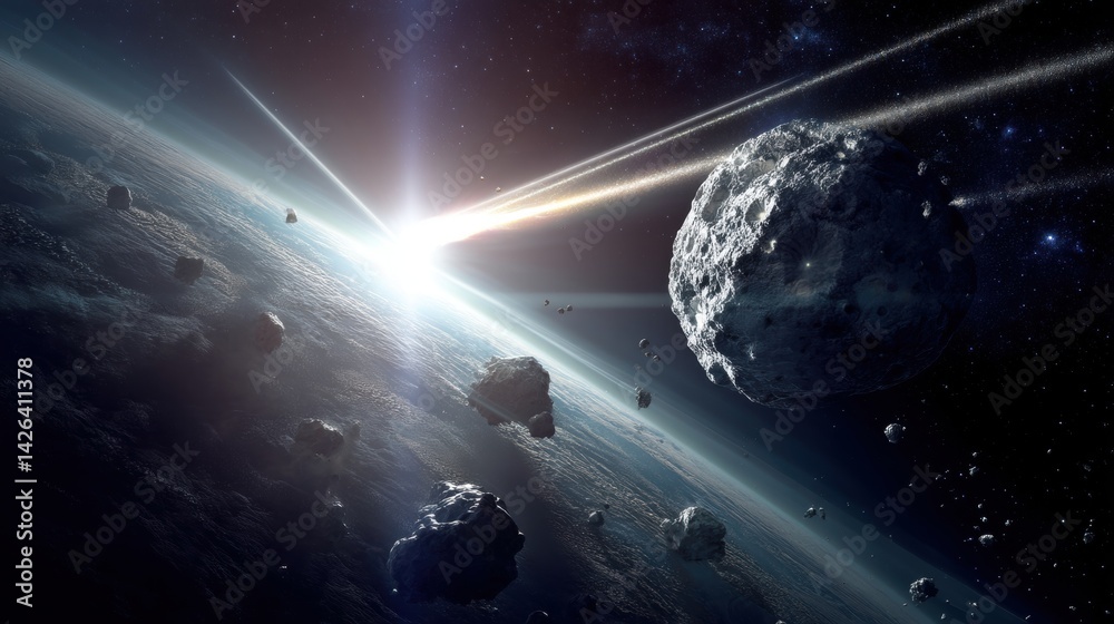 Naklejka premium Planetary Collision: Asteroid Field and Solar Flare