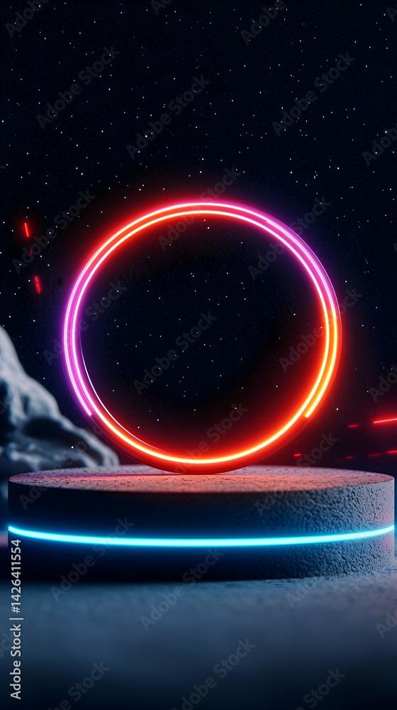 Obraz premium Neon circle podium, cosmic background, product display, futuristic scene