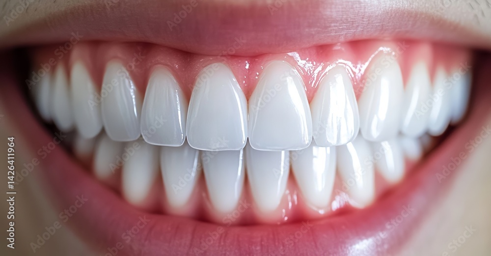 Fototapeta premium A smiling woman's teeth are shown in close-up, displaying white spots and plaque on their surface, illustrating oral care and dental concepts