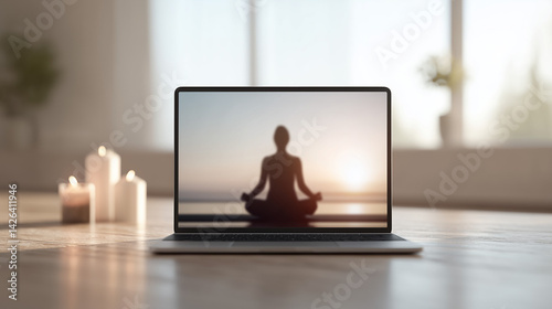 Laptop displaying a person meditating in a serene setting  