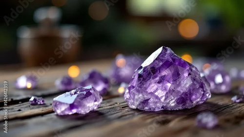 Obraz na płótnie Purple raw amethyst on the wooden table. Close up. w salonie