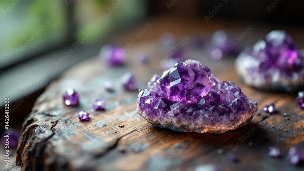 Purple raw amethyst on the wooden table. Close up.