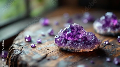 Obraz na płótnie Purple raw amethyst on the wooden table. Close up. w salonie