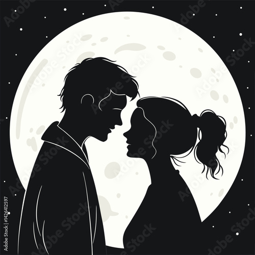 Silhouette of a Couple in Love Underneath the Full Moon
