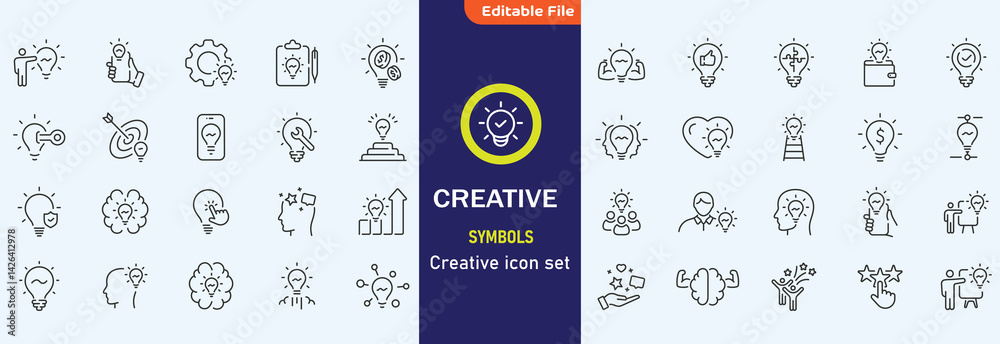 Creativity icon set. Containing inspiration, imagination, design, idea, creative, improvisation, sketching, brainstorming and more. Solid vector icons collection.