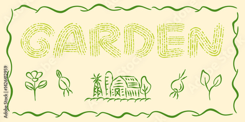garden agriculture illustration sketch minimalist country eco natural growing plant icon line set