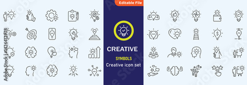 Creativity icon set. Containing inspiration, imagination, design, idea, creative, improvisation, sketching, brainstorming and more. Solid vector icons collection.