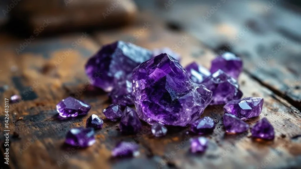 Purple raw amethyst on the wooden table. Close up.