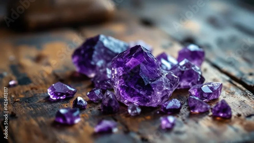 Obraz na płótnie Purple raw amethyst on the wooden table. Close up. w salonie