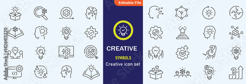 Creativity icon set. Containing inspiration, imagination, design, idea, creative, improvisation, sketching, brainstorming and more. Solid vector icons collection.